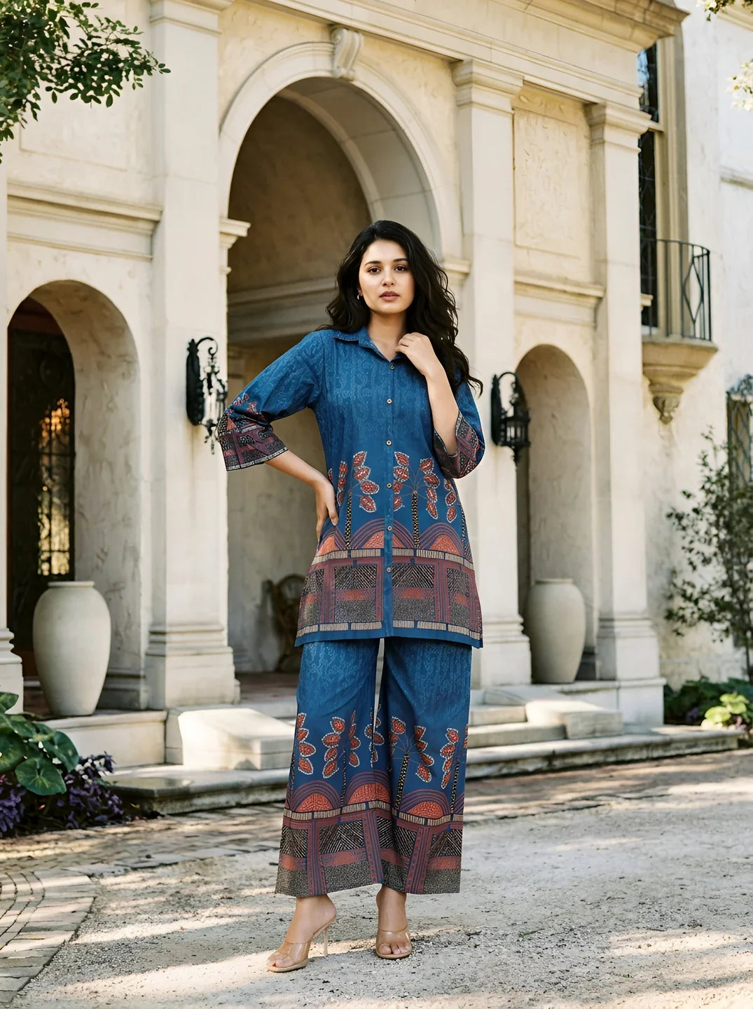 Cobalt Blue Border Printed Beaded Co-Ord Set
