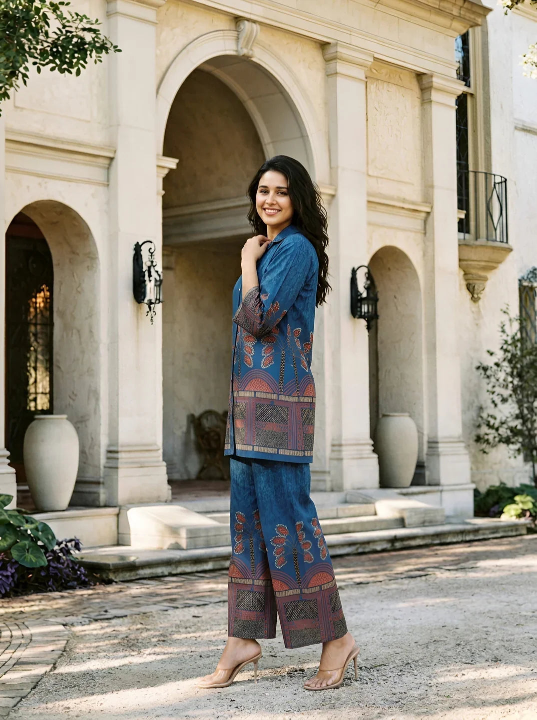 Cobalt Blue Border Printed Beaded Co-Ord Set