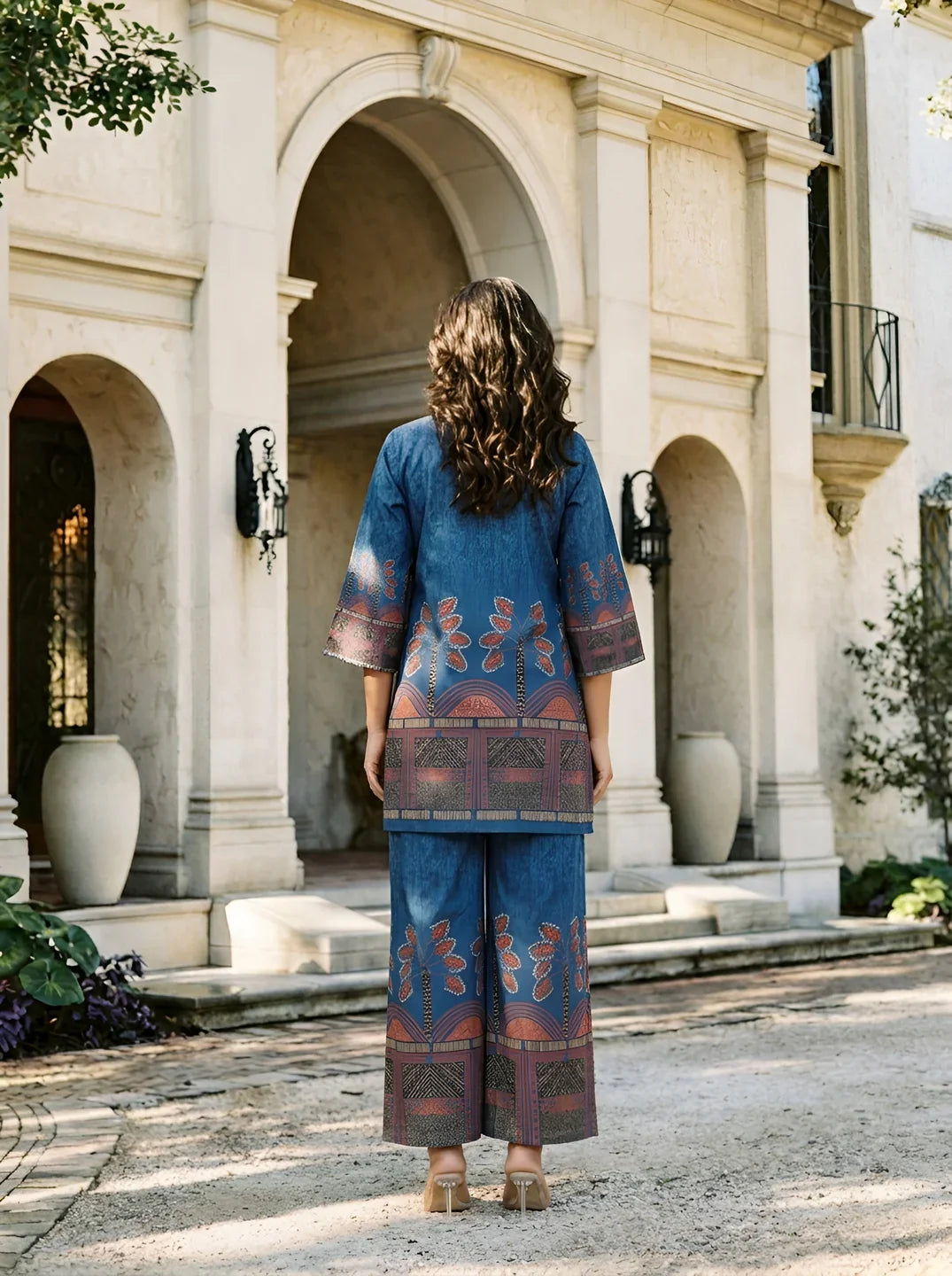 Cobalt Blue Border Printed Beaded Co-Ord Set