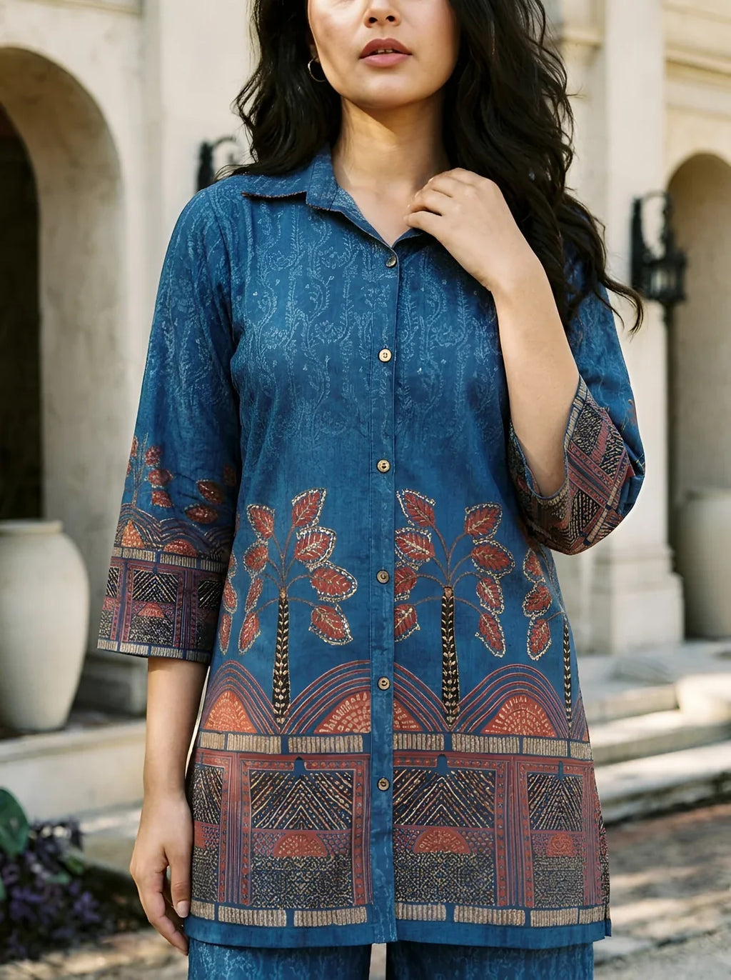 Cobalt Blue Border Printed Beaded Co-Ord Set