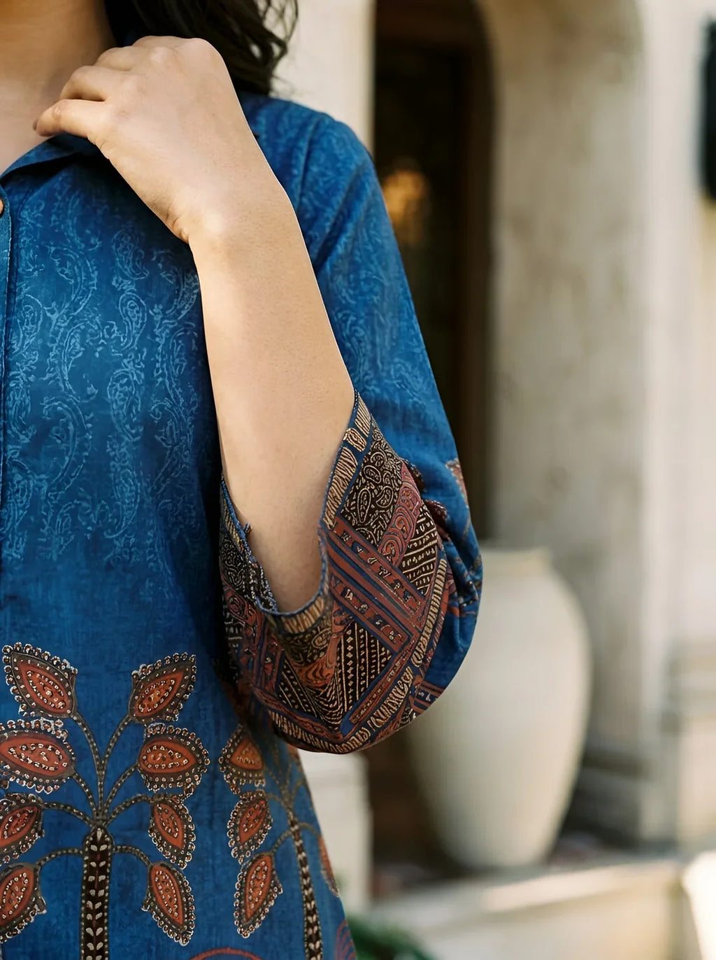 Cobalt Blue Border Printed Beaded Co-Ord Set