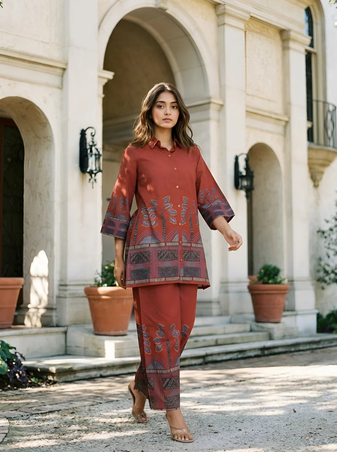 Red Border Printed Beaded Co-Ord Set
