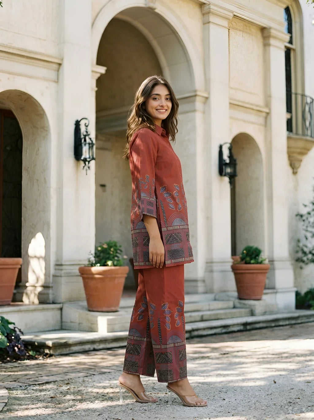 Red Border Printed Beaded Co-Ord Set