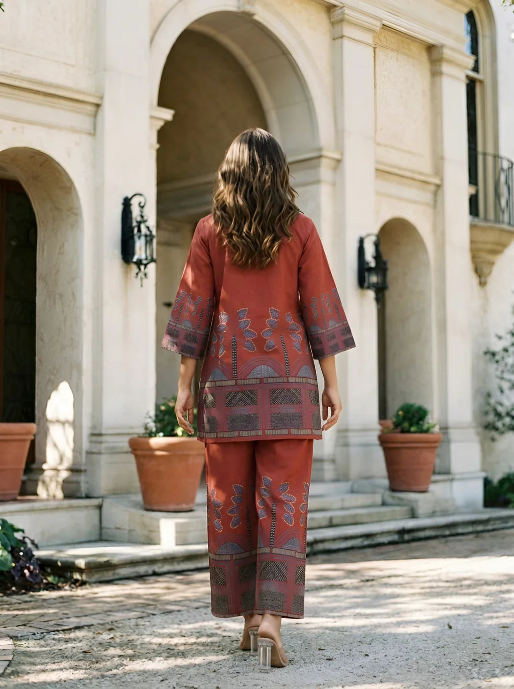Red Border Printed Beaded Co-Ord Set