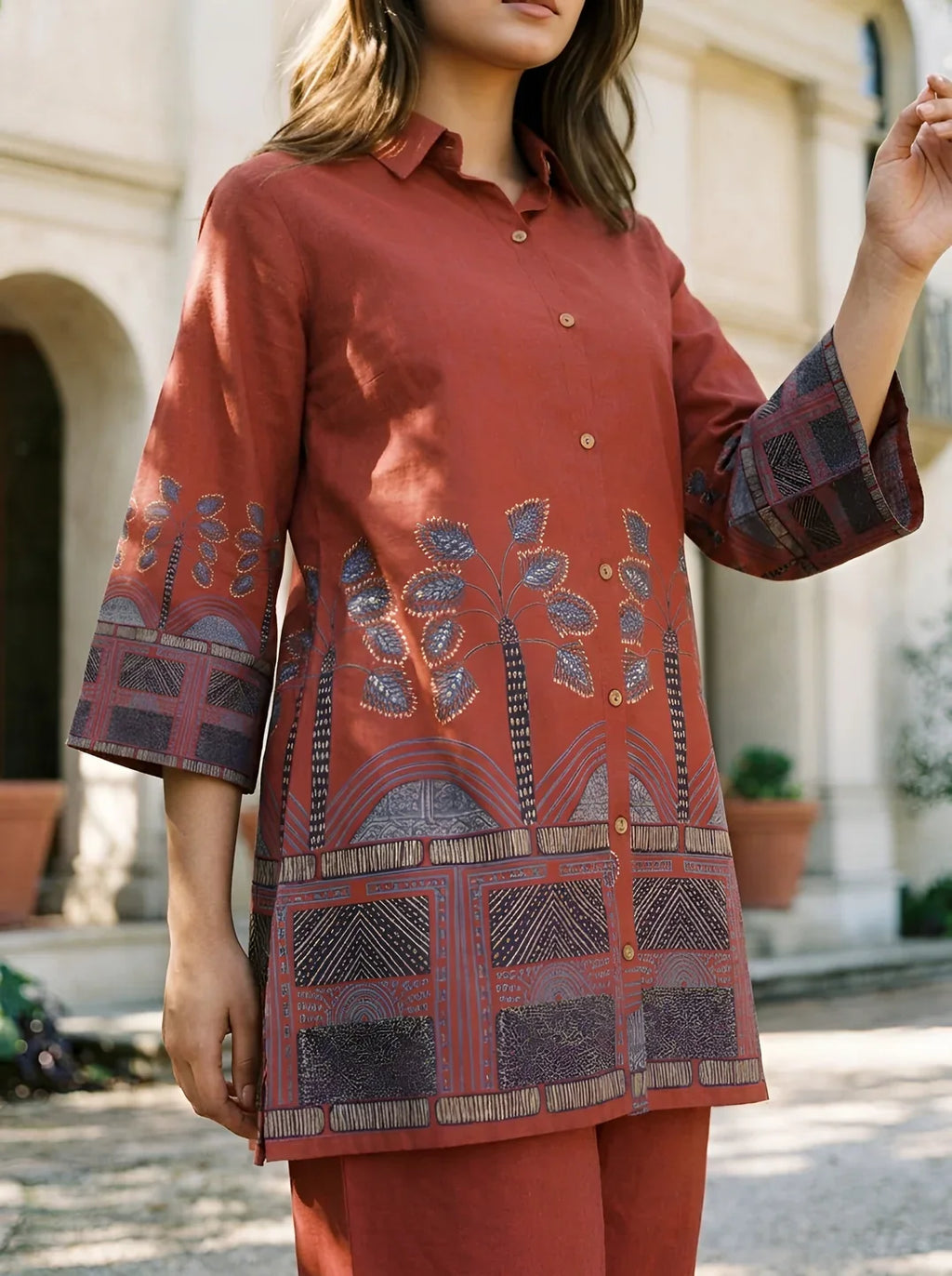 Red Border Printed Beaded Co-Ord Set