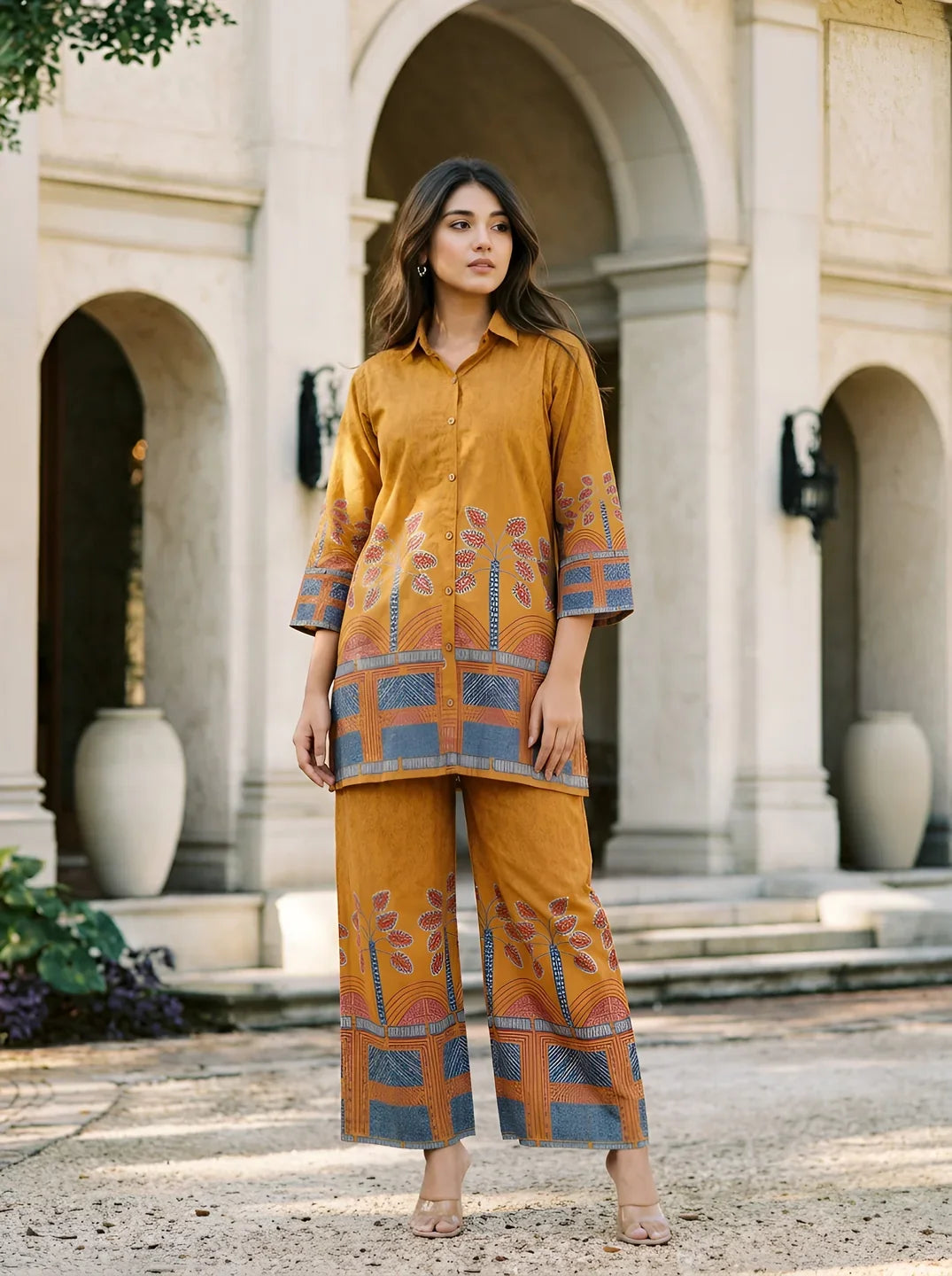 Mustard Border Printed Beaded Co-Ord Set