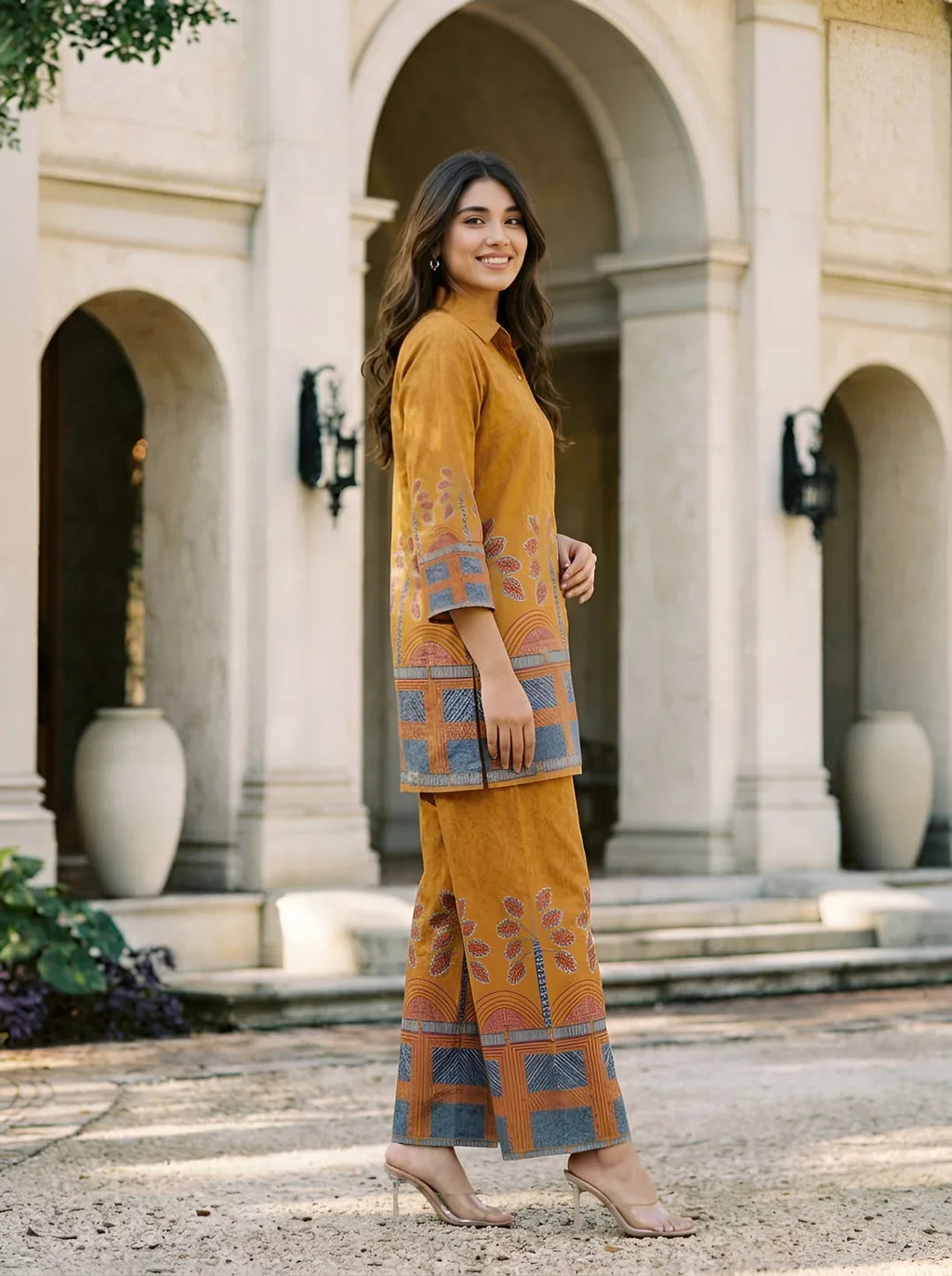 Mustard Border Printed Beaded Co-Ord Set