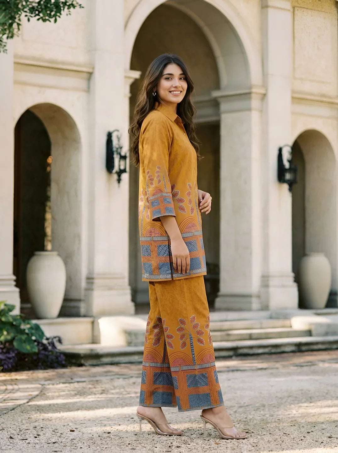 Mustard Border Printed Beaded Co-Ord Set