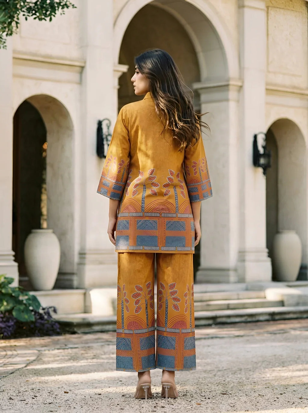 Mustard Border Printed Beaded Co-Ord Set