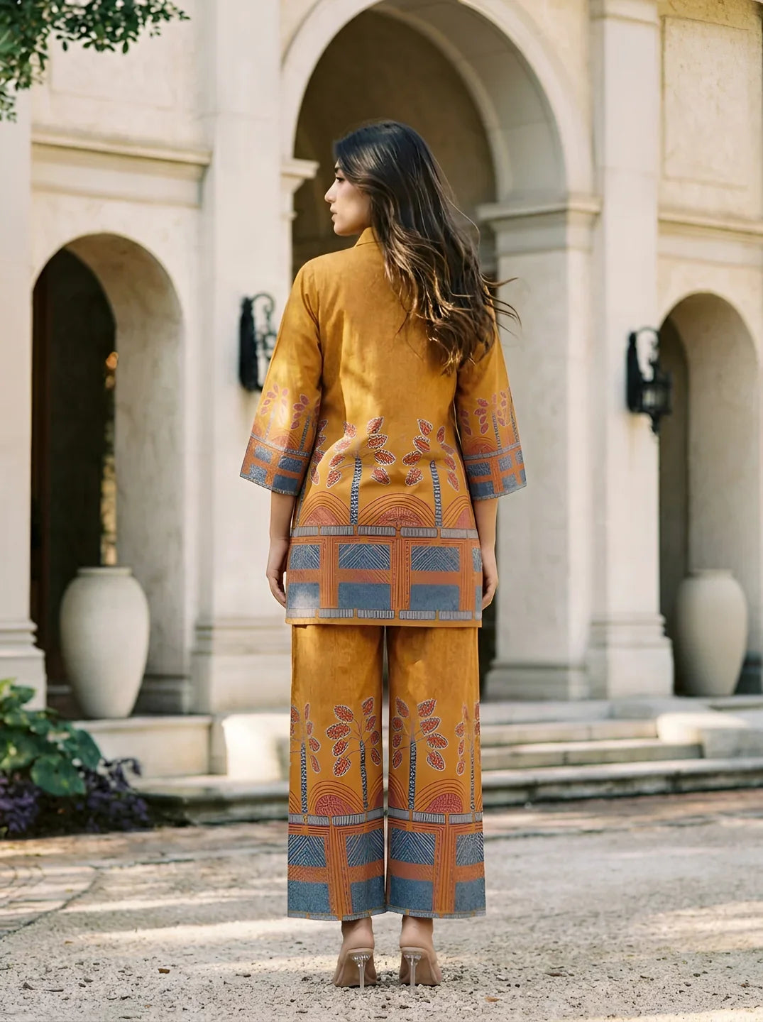 Mustard Border Printed Beaded Co-Ord Set