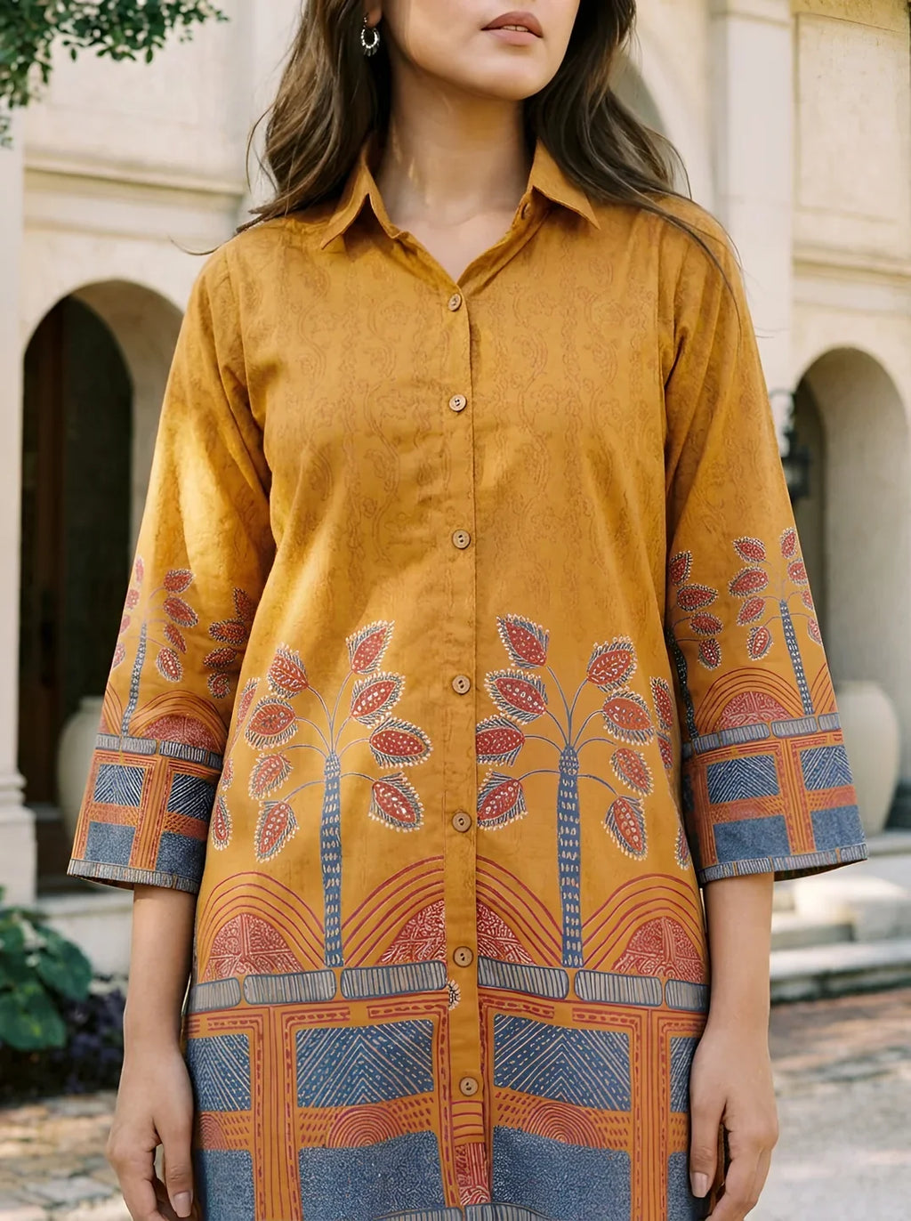 Mustard Border Printed Beaded Co-Ord Set