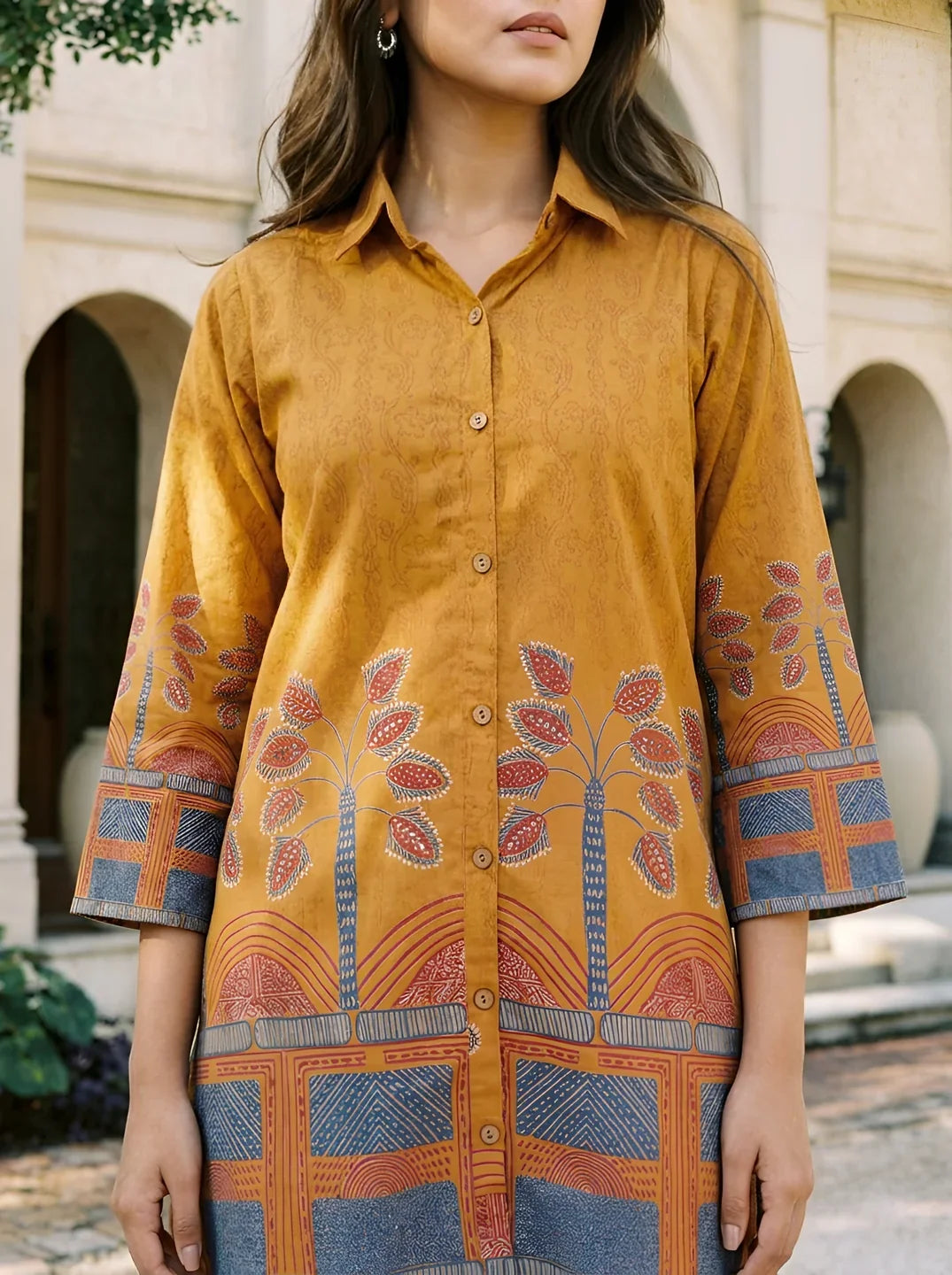 Mustard Border Printed Beaded Co-Ord Set