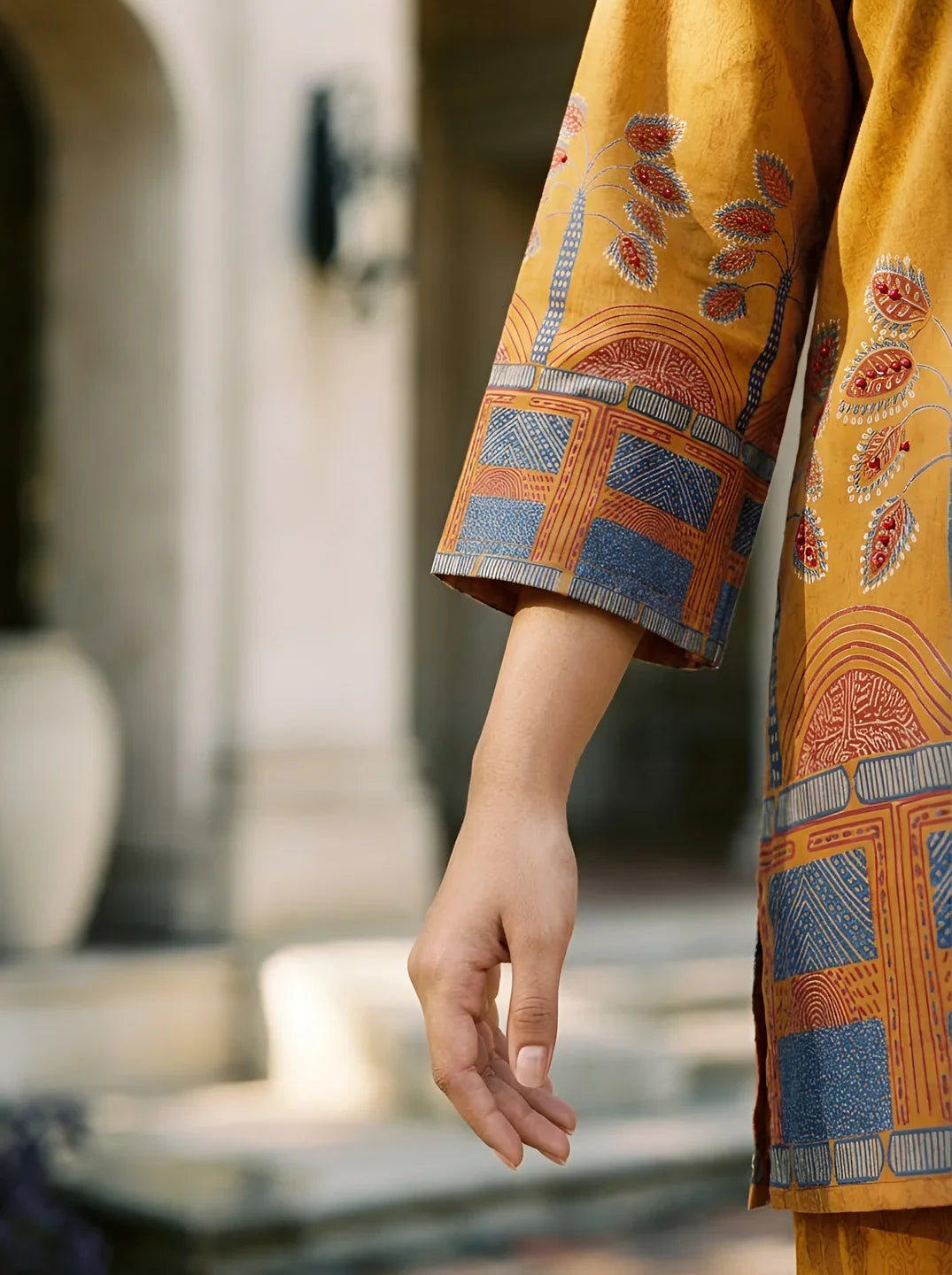 Mustard Border Printed Beaded Co-Ord Set