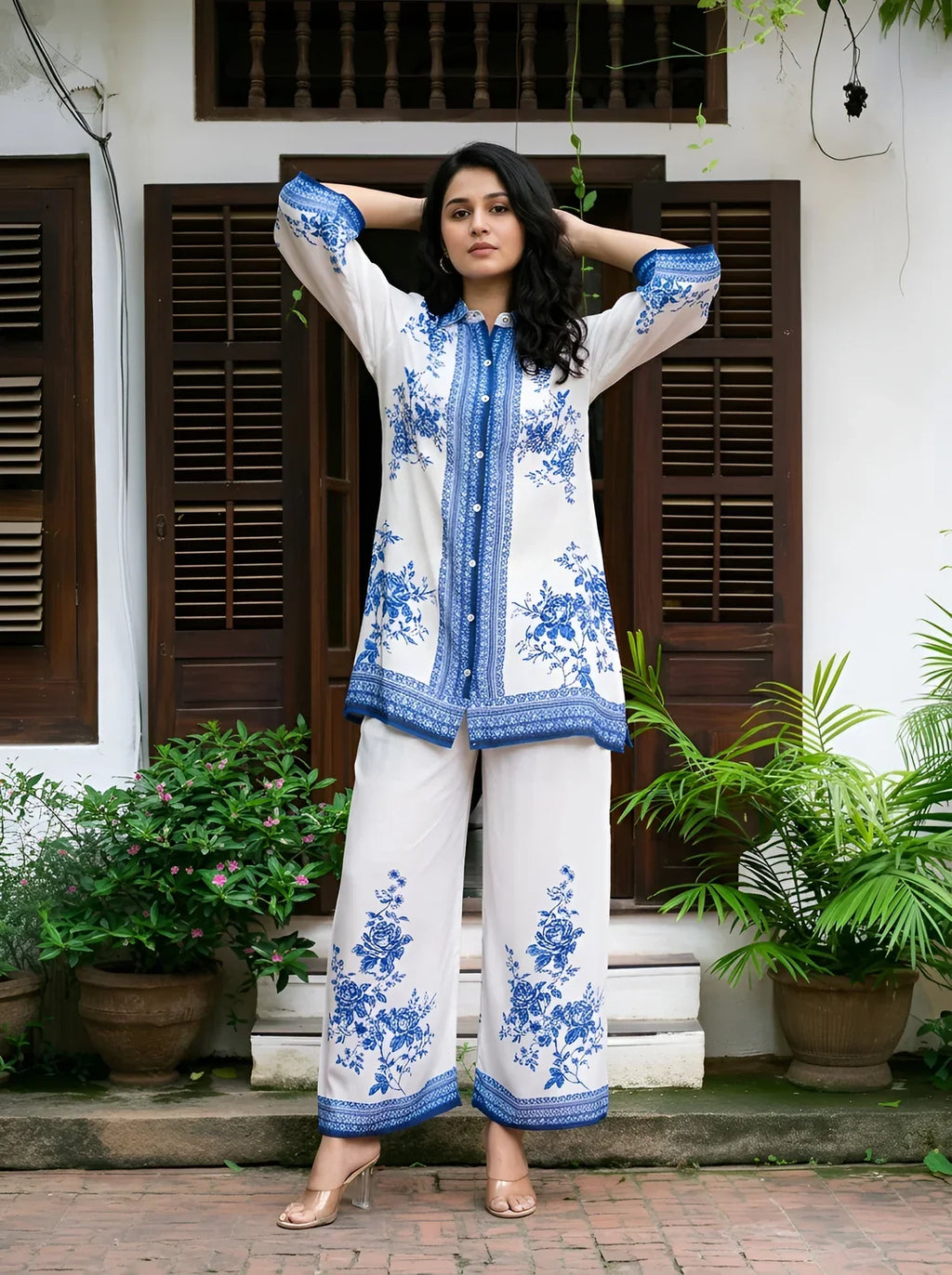 White & Blue Floral Border Print Muslin Co-Ord Set