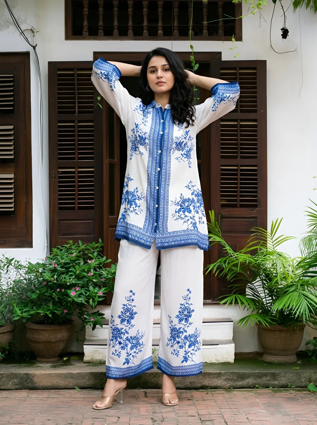 White & Blue Floral Border Print Muslin Co-Ord Set