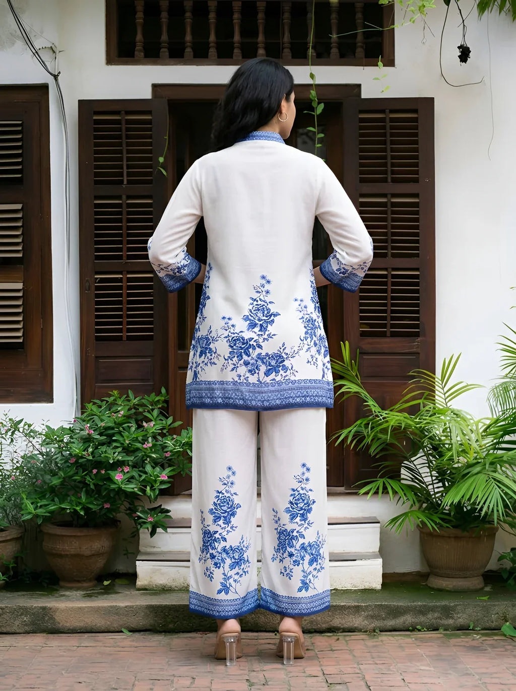 White & Blue Floral Border Print Muslin Co-Ord Set