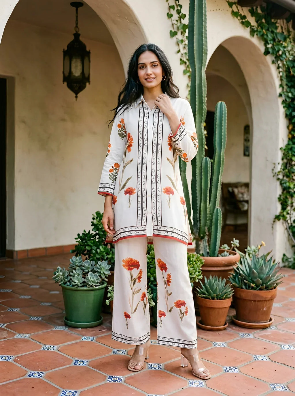 White Bold Floral & Black Border Print Muslin Co-Ord Set