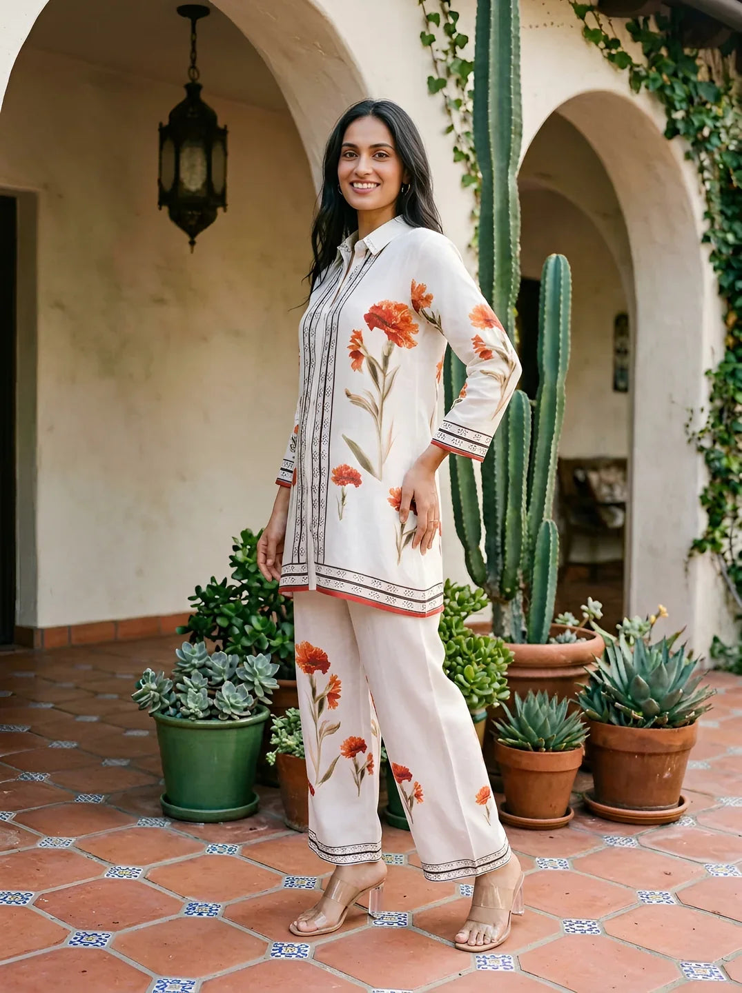 White Bold Floral & Black Border Print Muslin Co-Ord Set