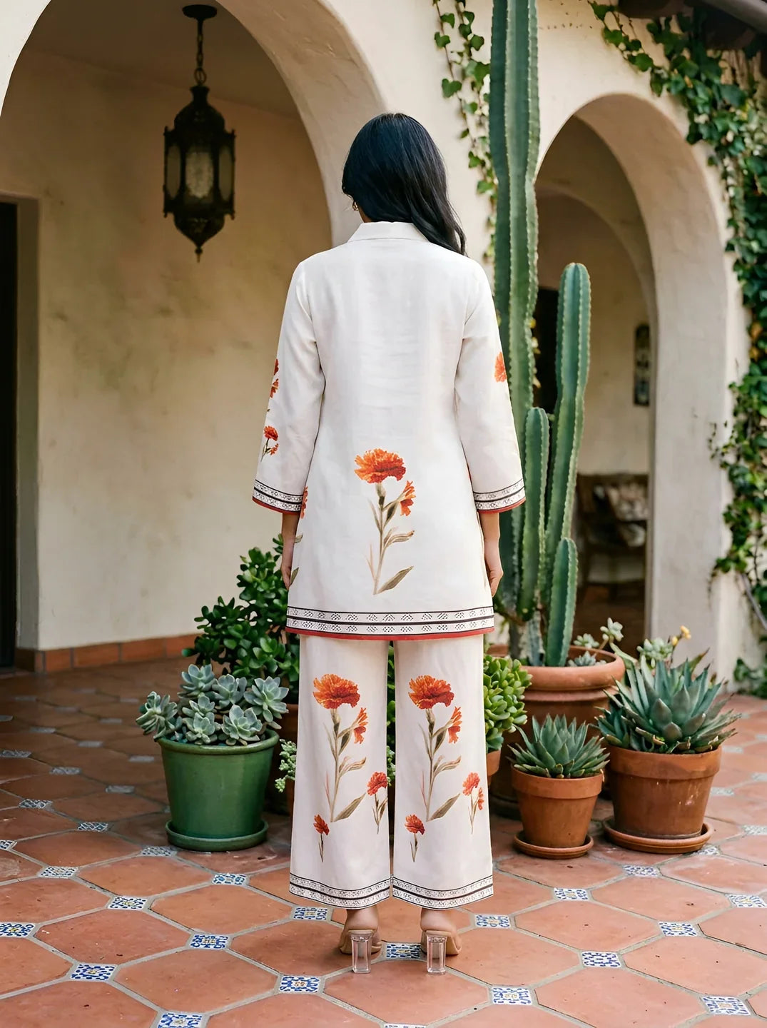 White Bold Floral & Black Border Print Muslin Co-Ord Set