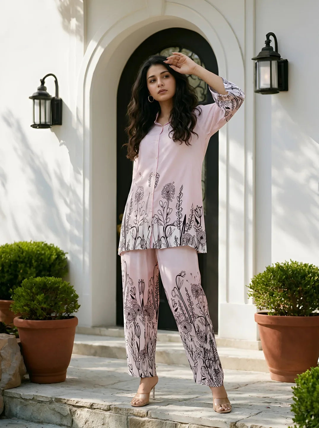 Baby Pink Floral Border Printed Muslin Co-Ord Set