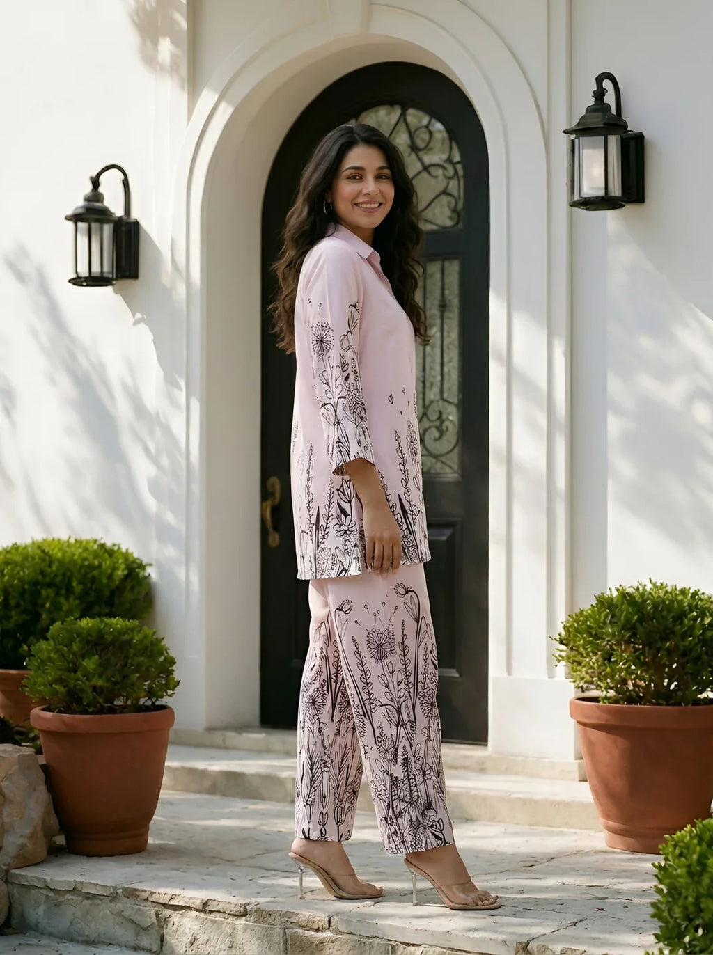 Baby Pink Floral Border Printed Muslin Co-Ord Set