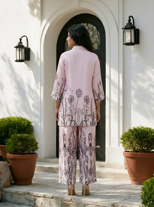 Baby Pink Floral Border Printed Muslin Co-Ord Set