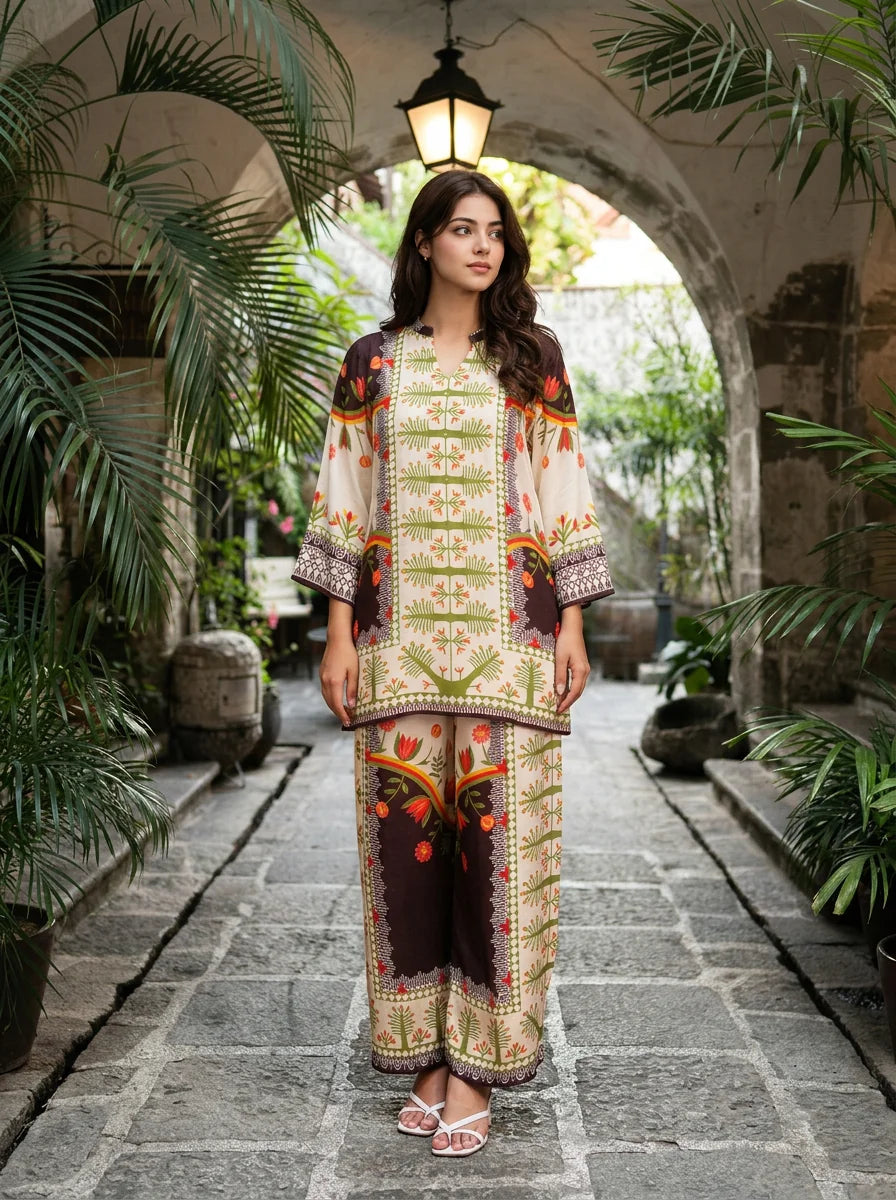 Cream & Brown Botanical Printed Muslin Co-ord Set