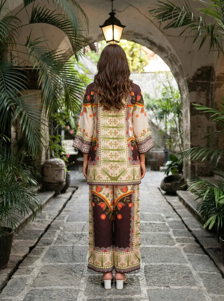 Cream & Brown Botanical Printed Muslin Co-ord Set