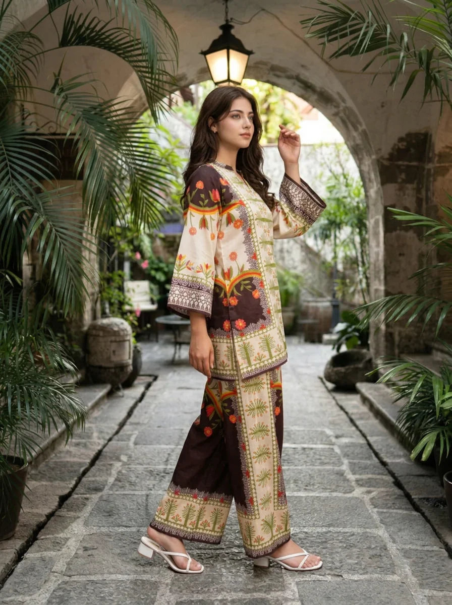 Cream & Brown Botanical Printed Muslin Co-ord Set