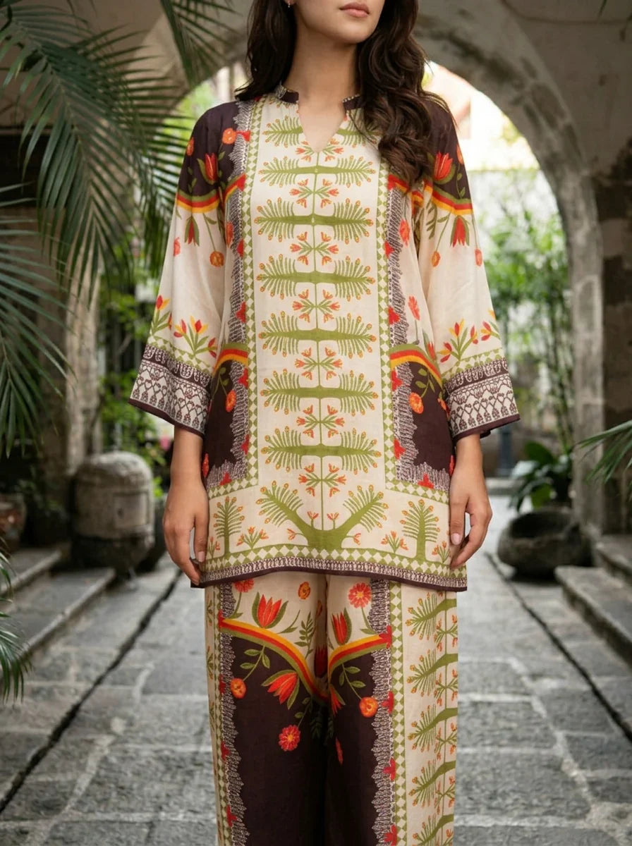 Cream & Brown Botanical Printed Muslin Co-ord Set
