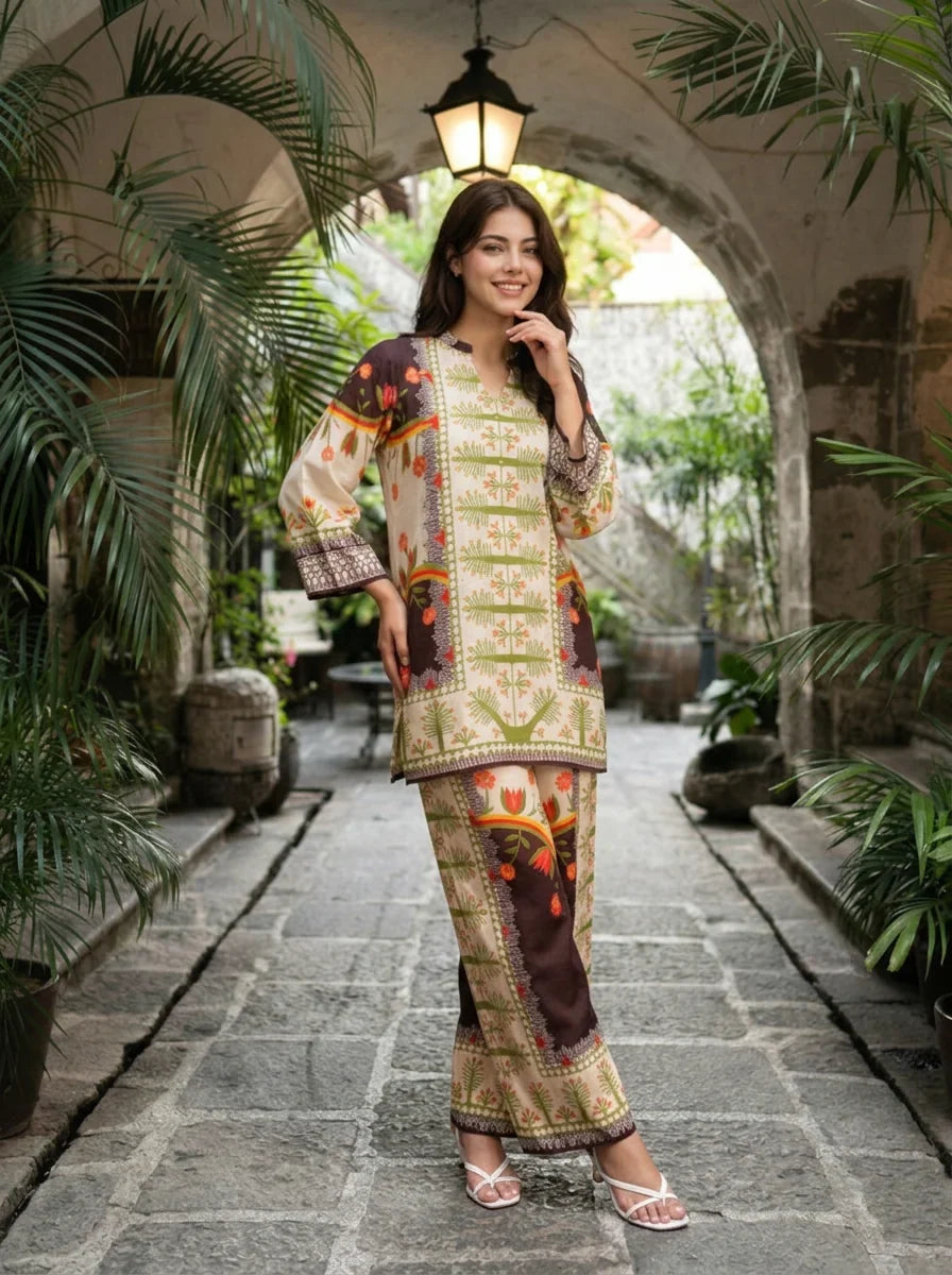 Cream & Brown Botanical Printed Muslin Co-ord Set