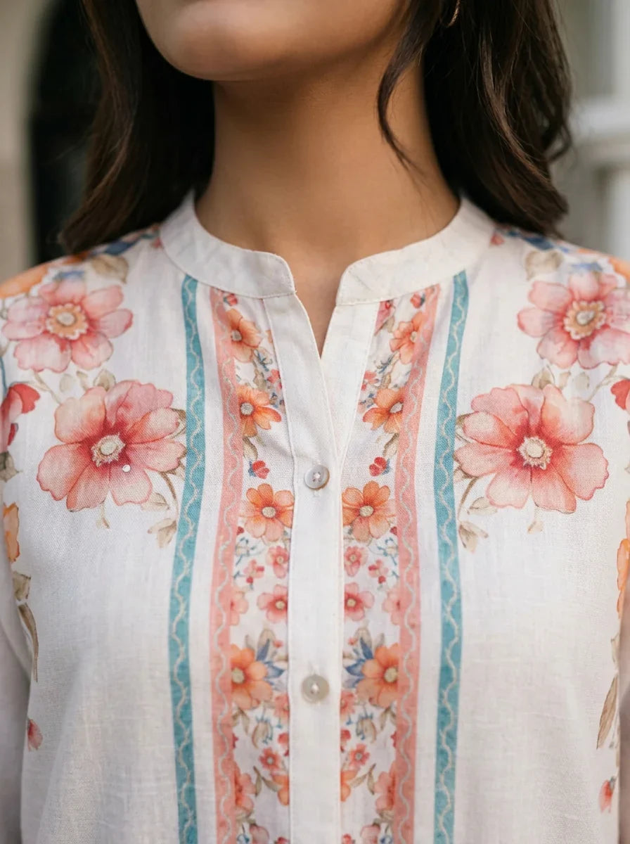 White Multicolor Floral Placement Print Co-Ord Set with Beads & Sequin Detailing in Viscose Muslin