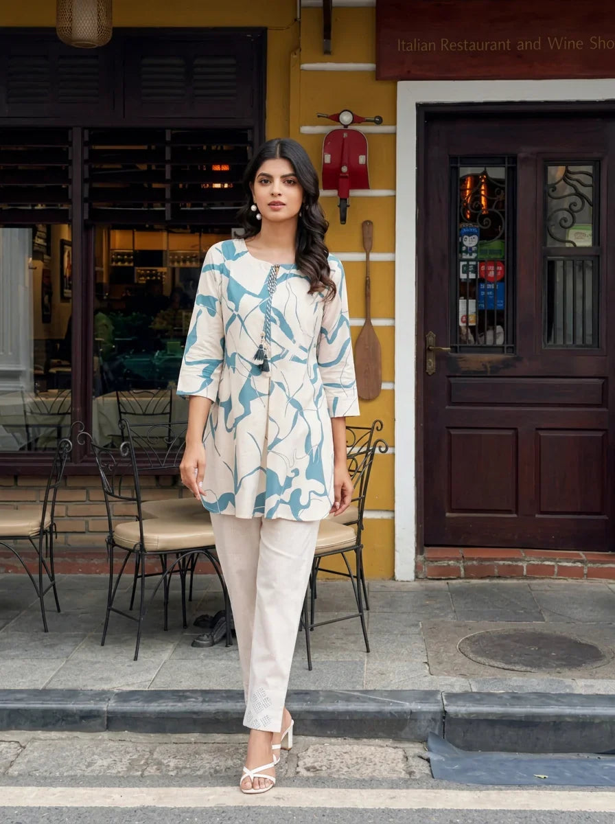 Cream & Pale Blue Abstract Cotton Flex Co-ord Set