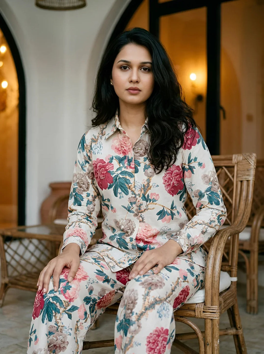 Off-White Bold Floral Printed Co-Ord Set in Cotton Cambric