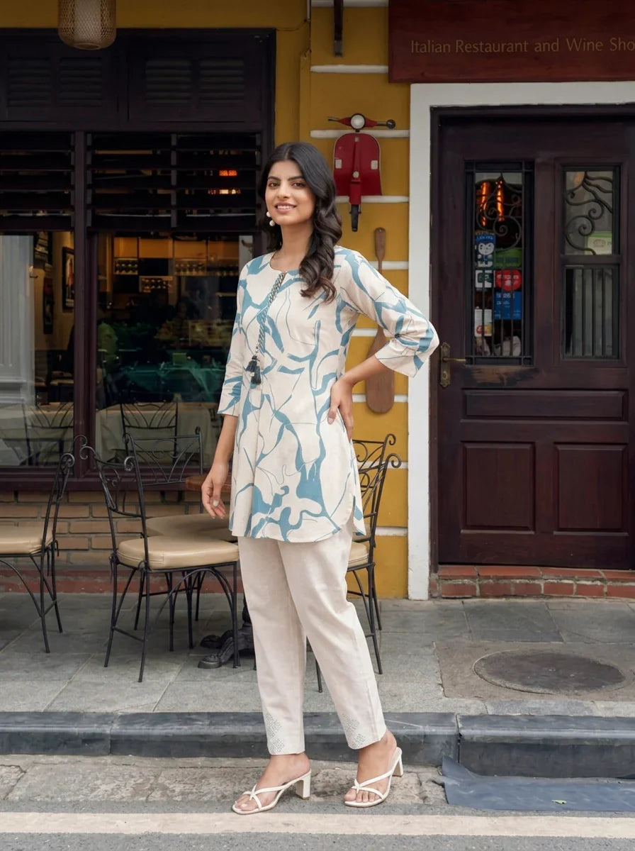 Cream & Pale Blue Abstract Cotton Flex Co-ord Set
