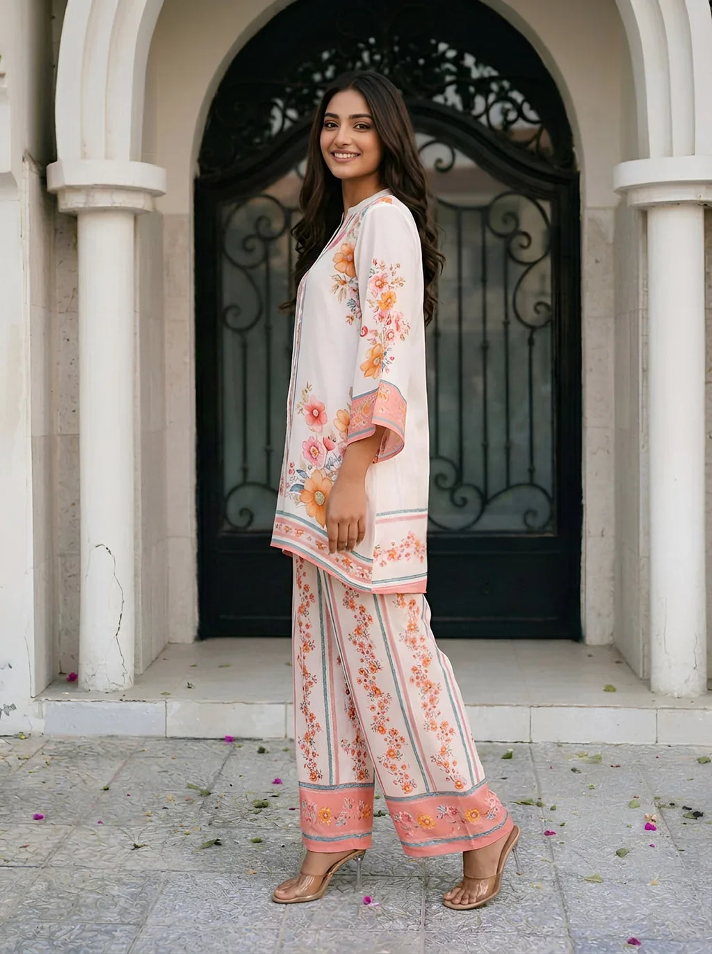 White Multicolor Floral Placement Print Co-Ord Set with Beads & Sequin Detailing in Viscose Muslin
