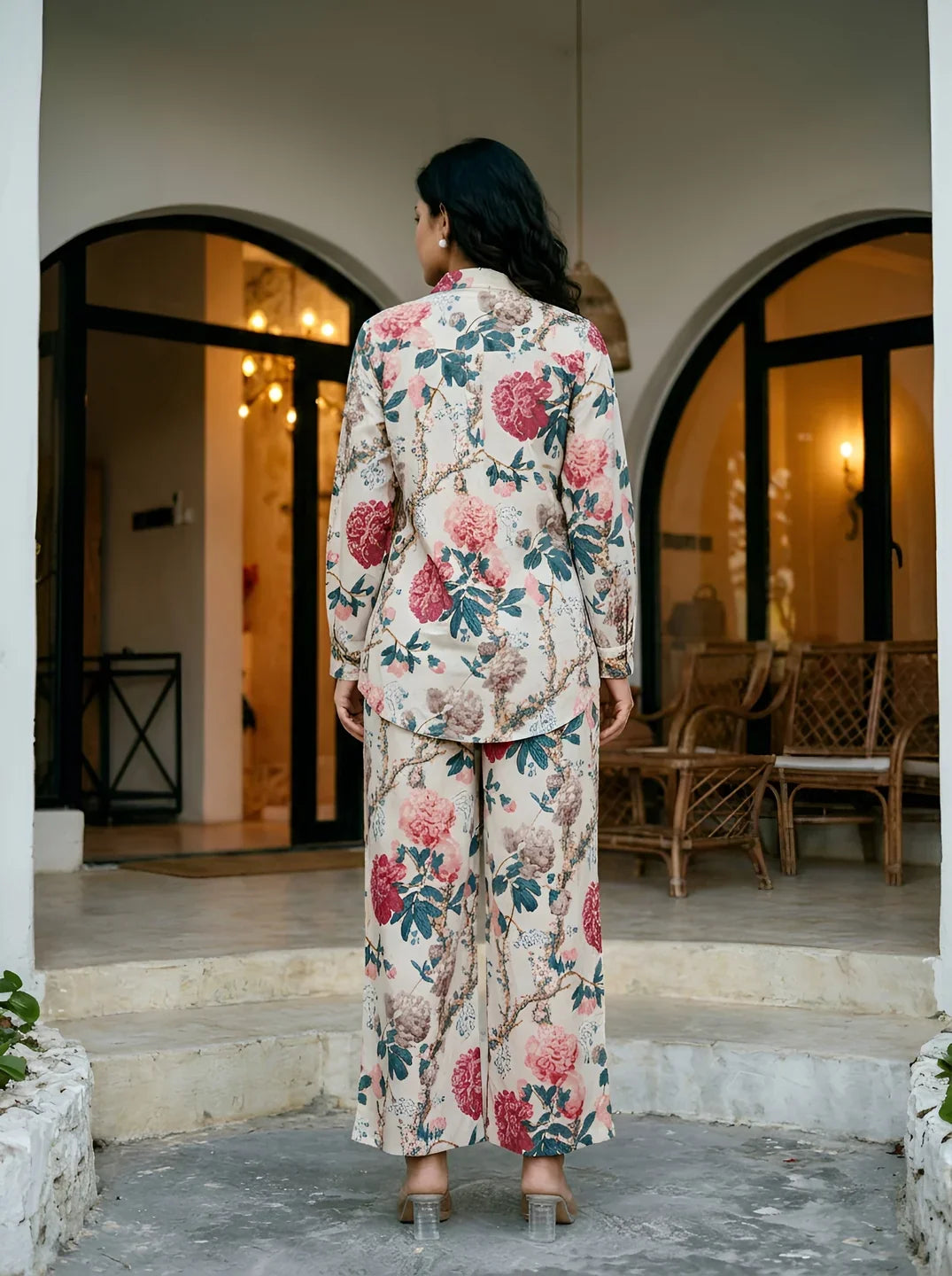 Off-White Bold Floral Printed Co-Ord Set in Cotton Cambric