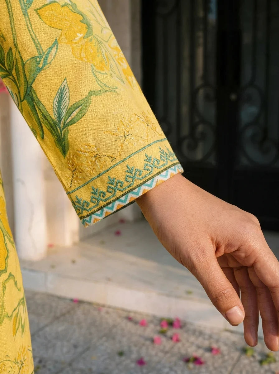 Lemon Yellow & Green Bold Floral Printed Sequin Detailed Co-Ord Set in Viscose Muslin