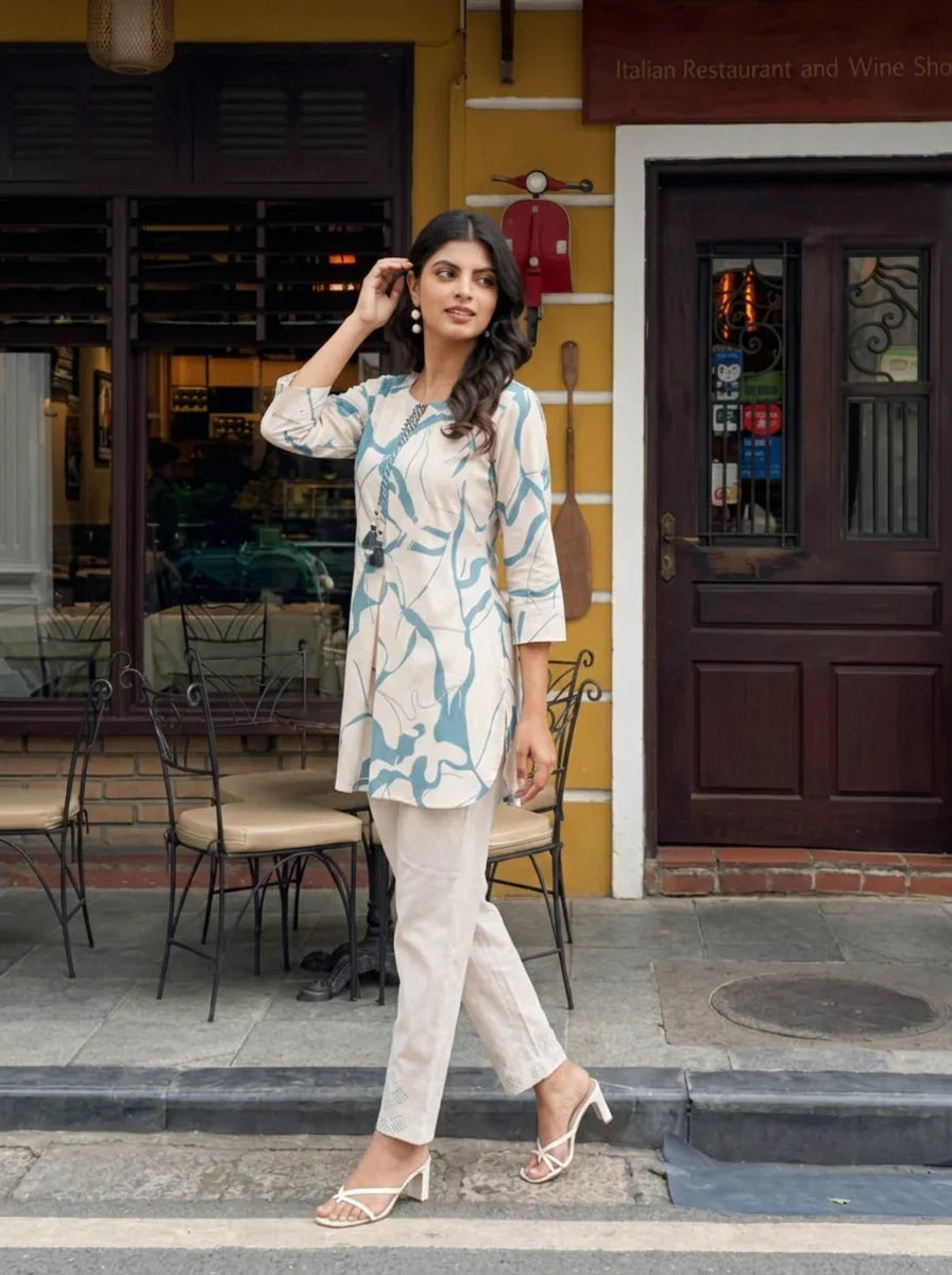 Cream & Pale Blue Abstract Cotton Flex Co-ord Set