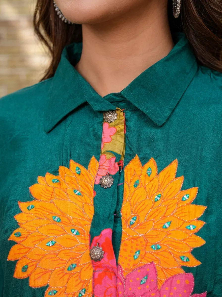 Green Floral  Crepe Abstract Mirror Work Co-Ord Set