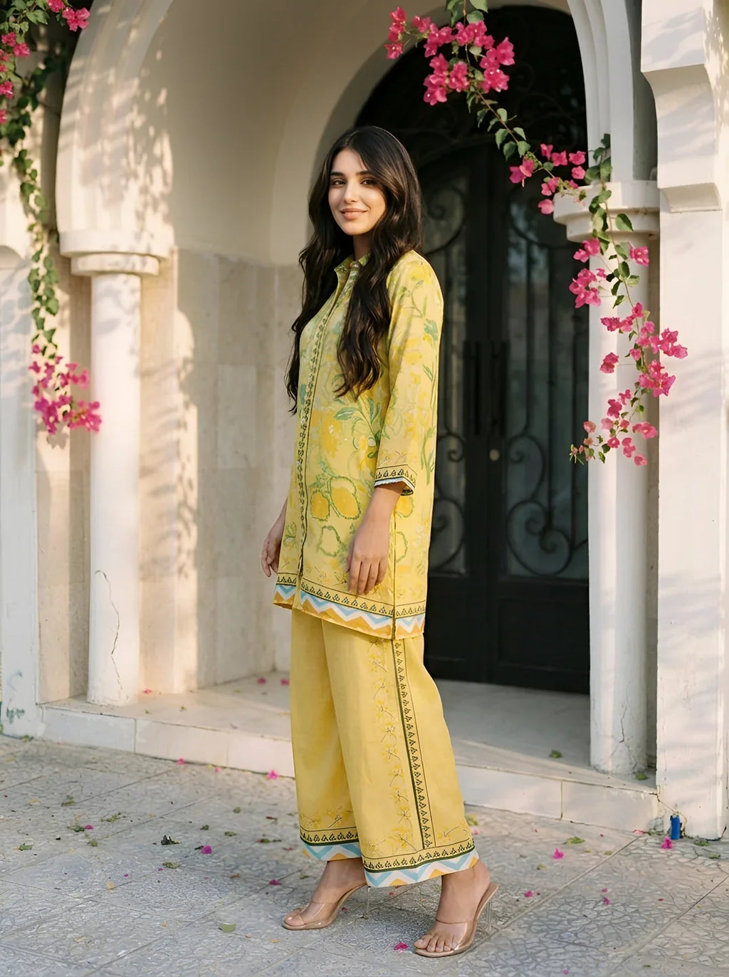 Lemon Yellow & Green Bold Floral Printed Sequin Detailed Co-Ord Set in Viscose Muslin