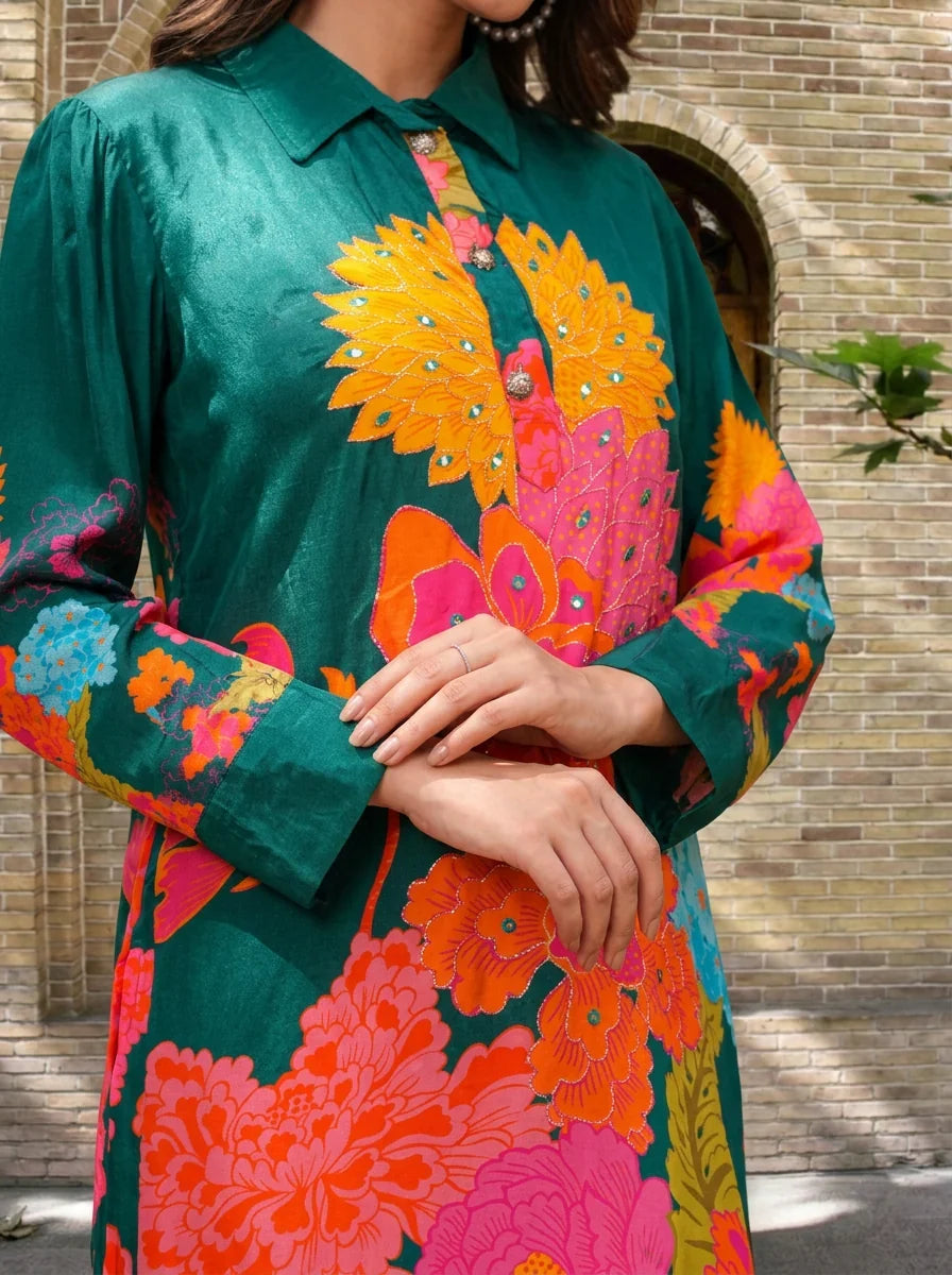 Green Floral  Crepe Abstract Mirror Work Co-Ord Set