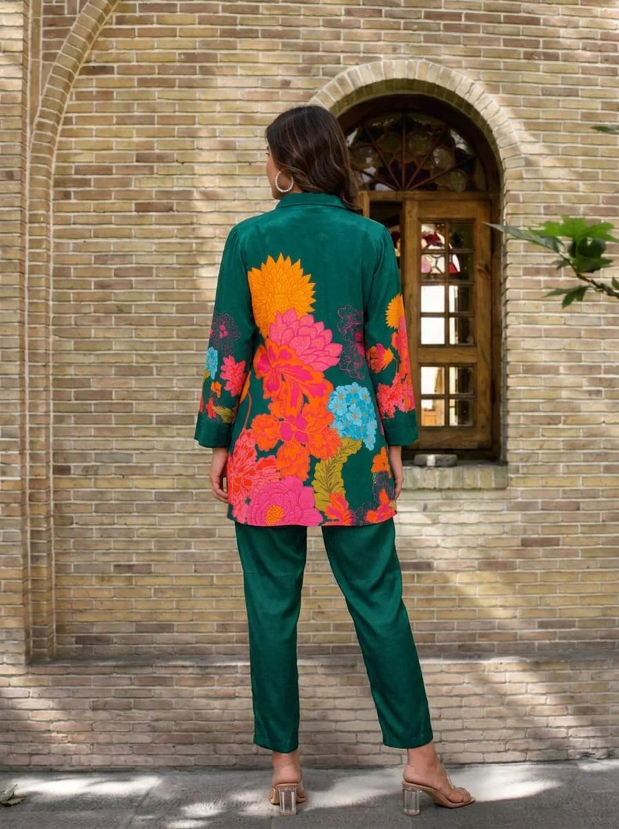 Green Floral  Crepe Abstract Mirror Work Co-Ord Set