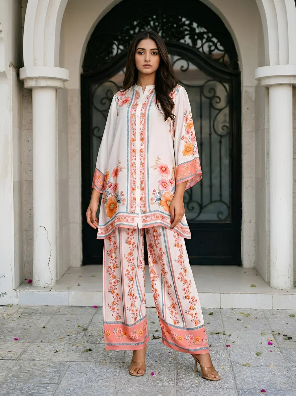 White Multicolor Floral Placement Print Co-Ord Set with Beads & Sequin Detailing in Viscose Muslin