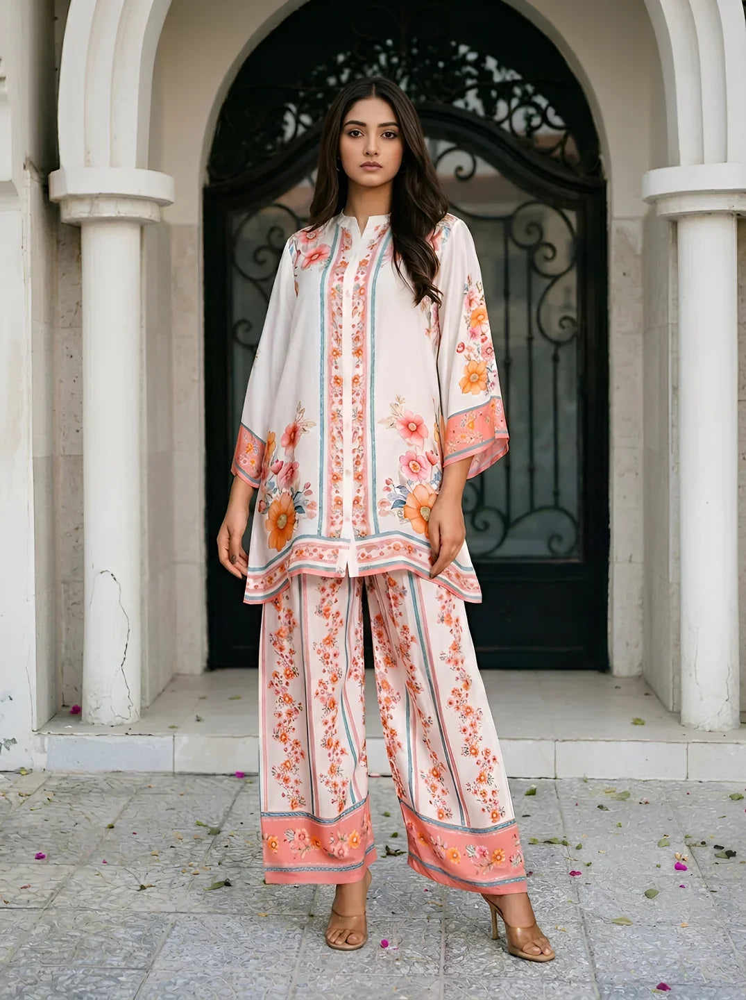 White Multicolor Floral Placement Print Co-Ord Set with Beads & Sequin Detailing in Viscose Muslin