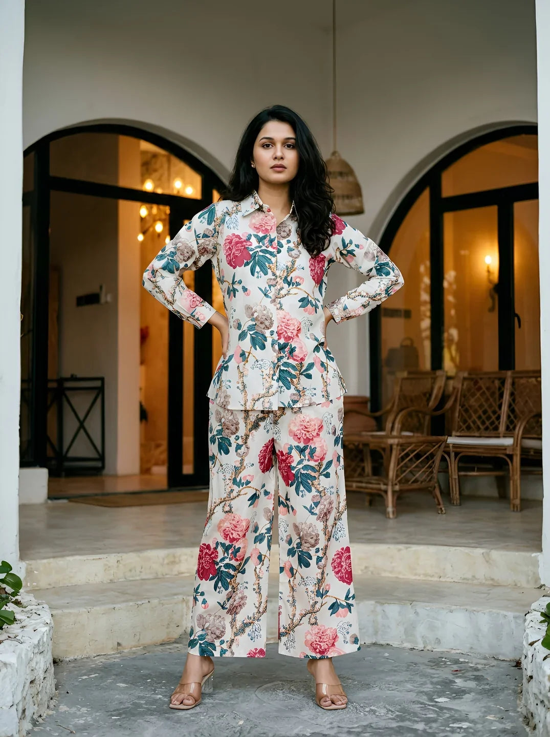 Off-White Bold Floral Printed Co-Ord Set in Cotton Cambric