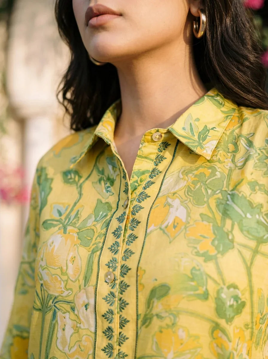 Lemon Yellow & Green Bold Floral Printed Sequin Detailed Co-Ord Set in Viscose Muslin