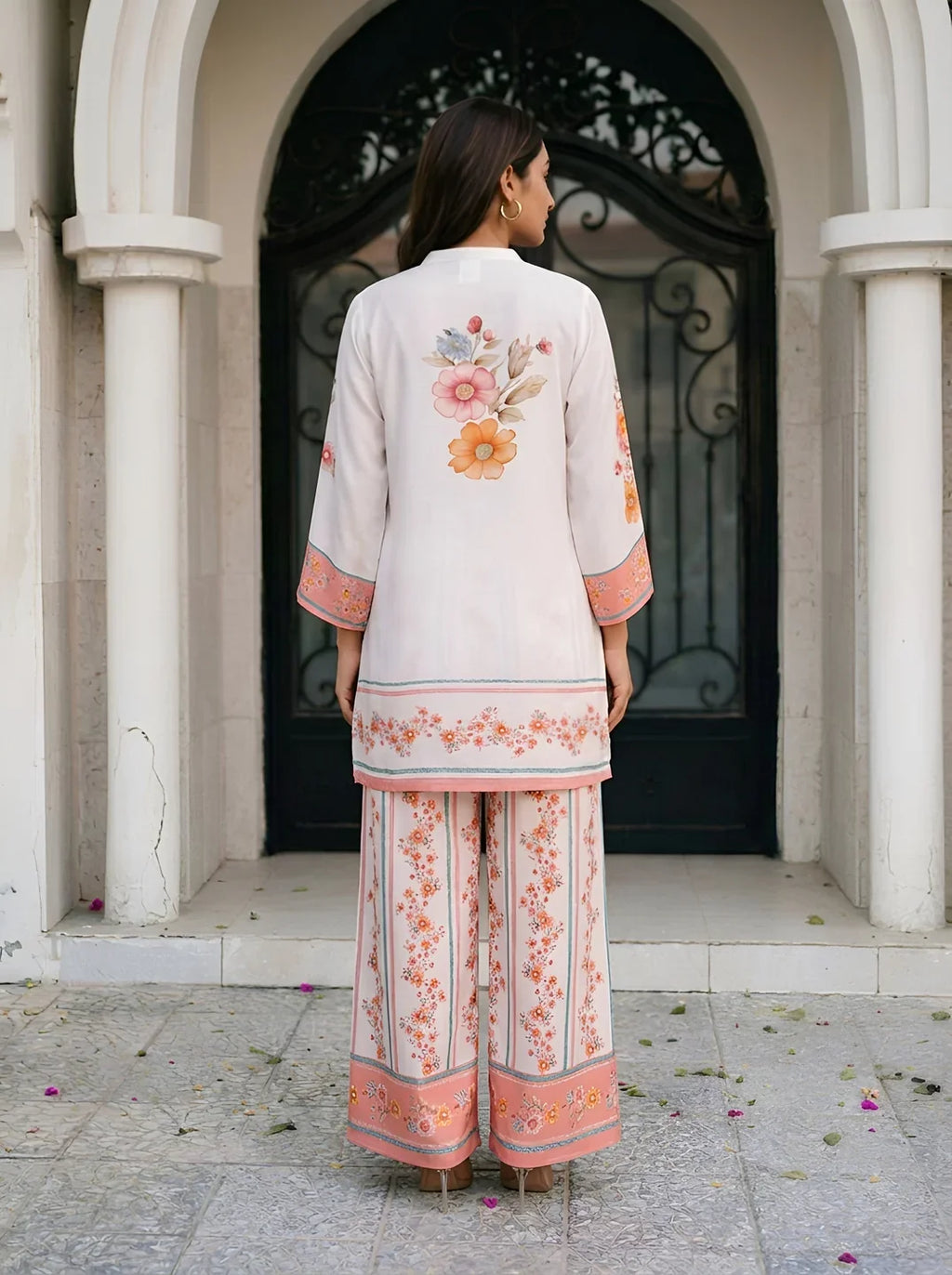 White Multicolor Floral Placement Print Co-Ord Set with Beads & Sequin Detailing in Viscose Muslin