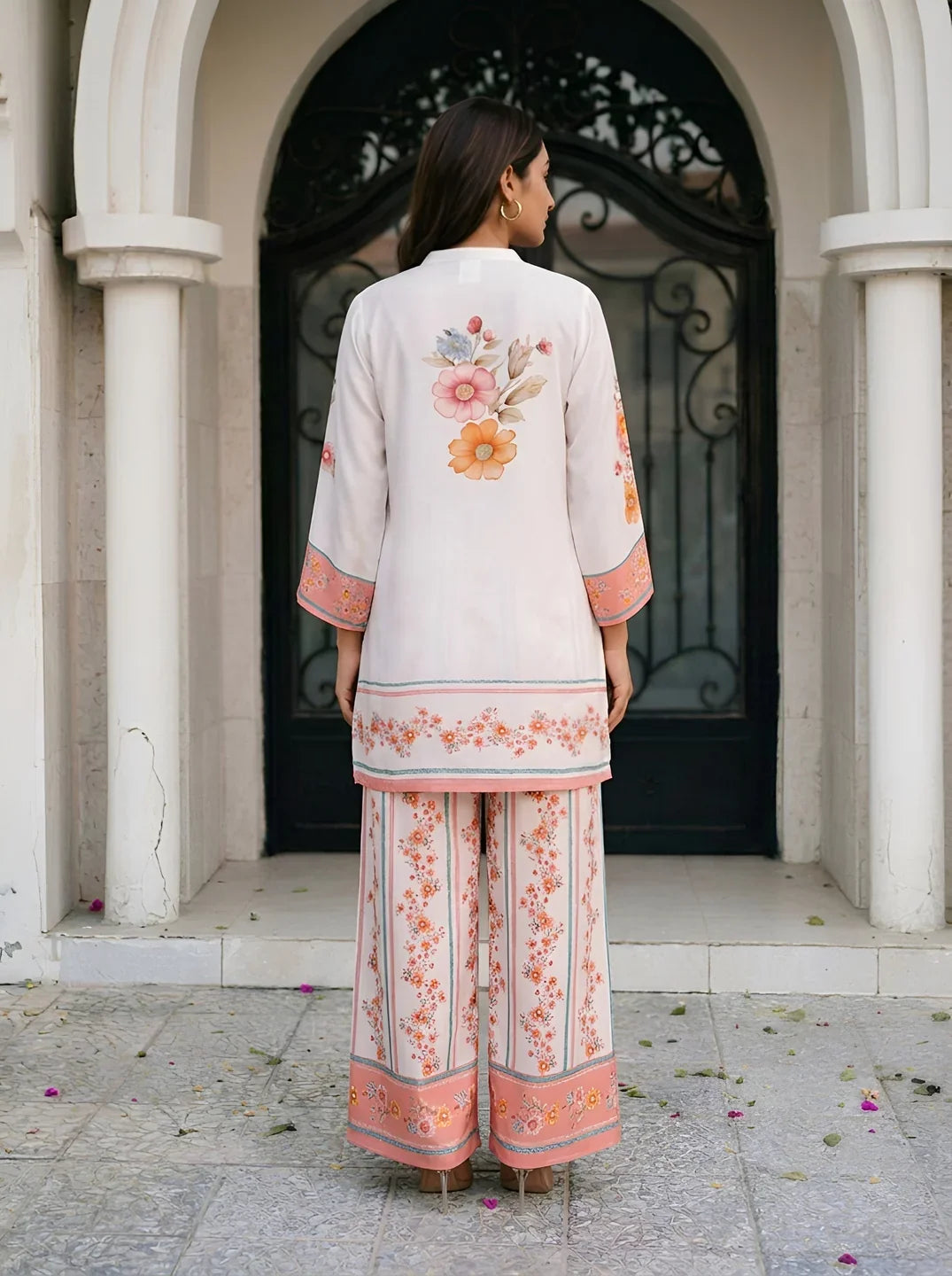 White Multicolor Floral Placement Print Co-Ord Set with Beads & Sequin Detailing in Viscose Muslin