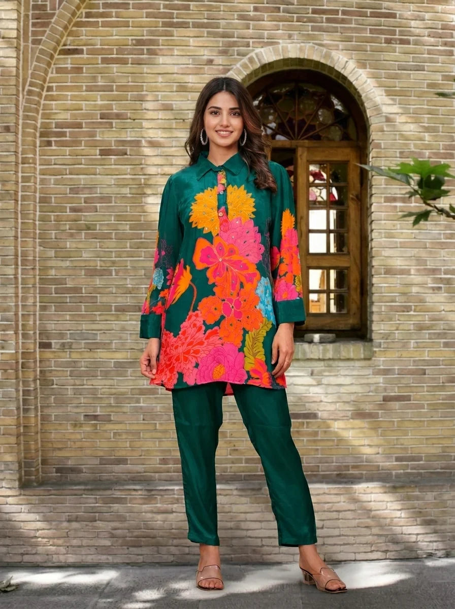 Green Floral  Crepe Abstract Mirror Work Co-Ord Set